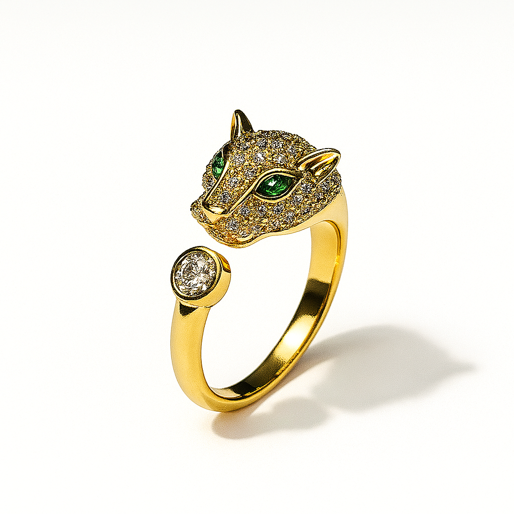 Cartier-Panther Head Gold Ring with American Diamonds