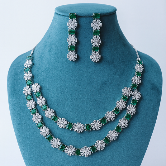 Double Layer Emerald Green American Diamond Necklace Set