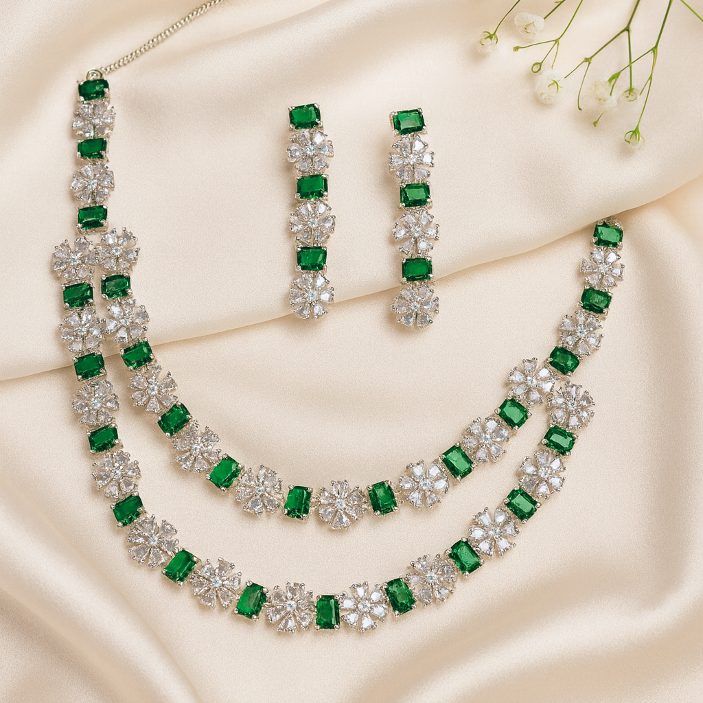 Double Layer Emerald Green American Diamond Necklace Set