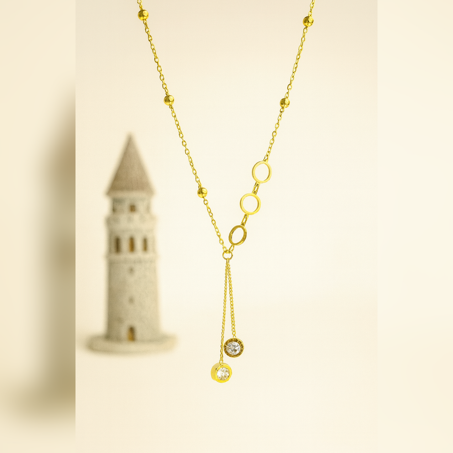 Twin Zircon Drop Gold Necklace