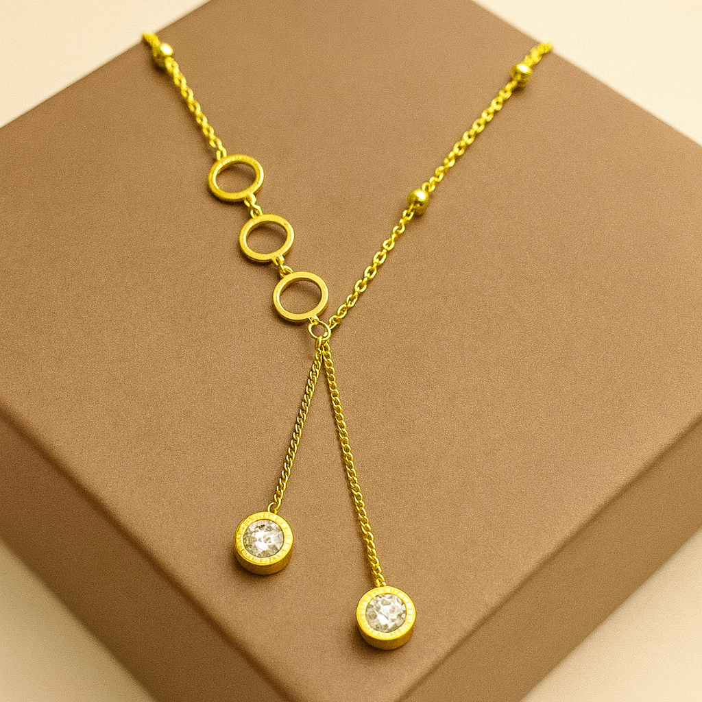 Twin Zircon Drop Gold Necklace